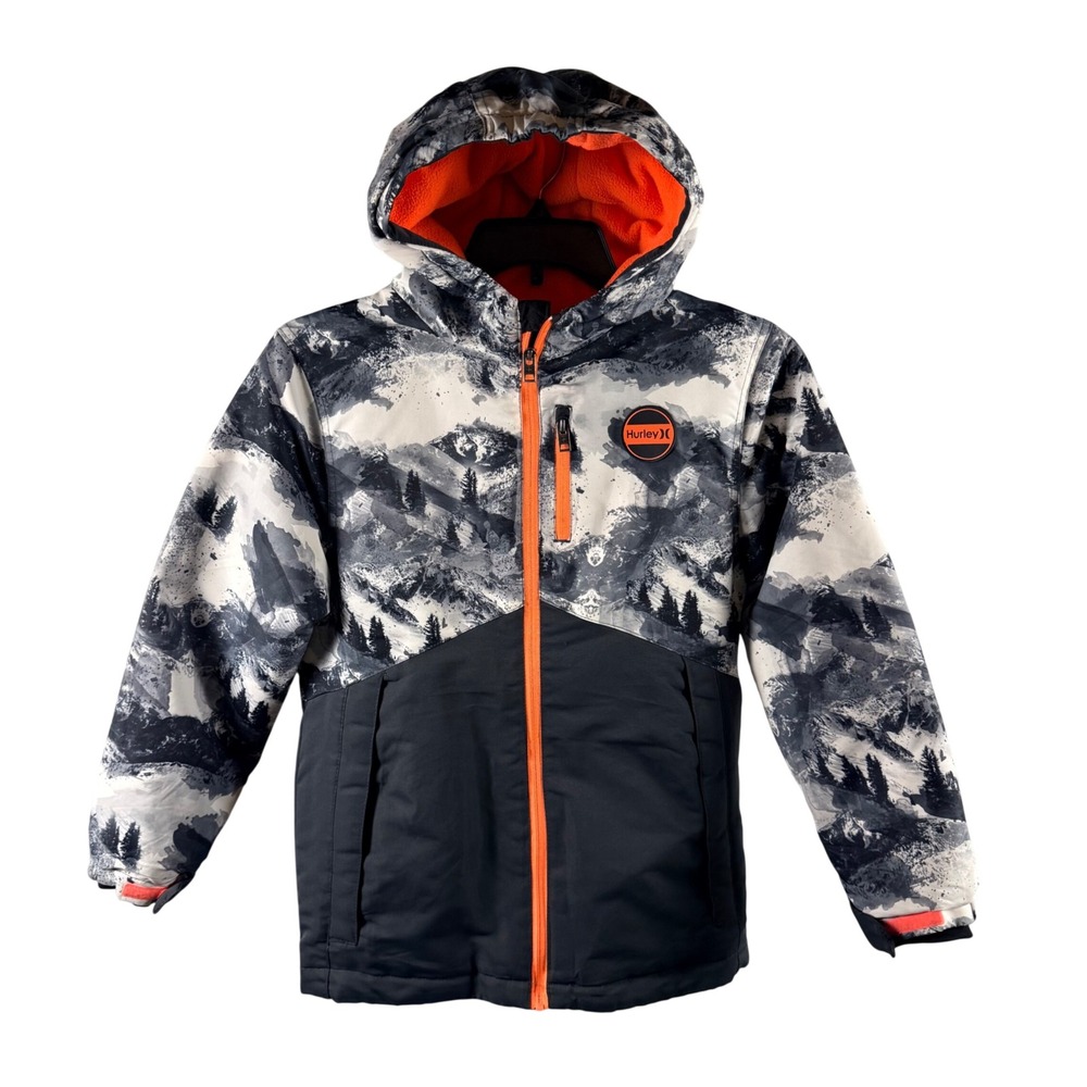 Hurley Boys Winter Jacket Youth 14/16 Mountain Print Hooded Puffer Coat Black